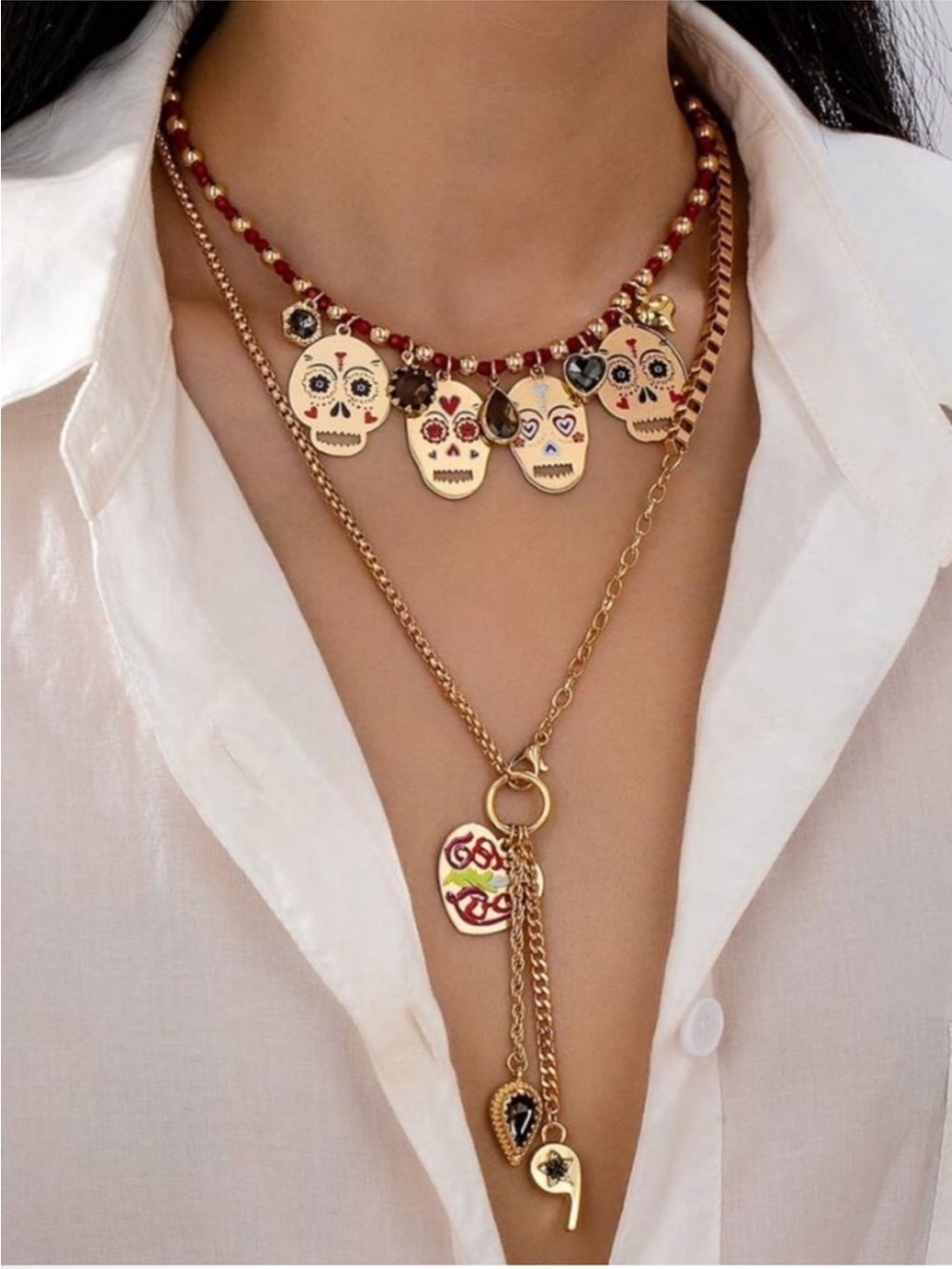 Zara 2pack Gold-Tone Red Beaded Sugar Skull Choker Necklace - Women Jewelry